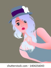 A Beautiful Young wear hat Woman With Her Finger To Her Lips on White background. Shhh. Secret. Pop art style. Vector illustration On a light gray background