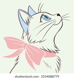 Beautiful young white cat, big blue eyes, charming, light blue ears, light pink bow tie, beautiful fluffy fur, cream background. Background Vector outline.
