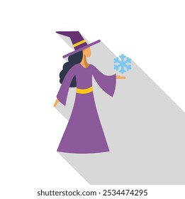 Beautiful young witch casting a spell conjuring snowflake with magic wand