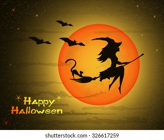 beautiful young witch with cat on broom  against the background of a orange  large moon and yellow sky, vector illustration