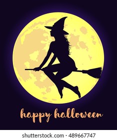 Beautiful young witch in hat flying on broomstick on fool moon background with lettering. Happy Halloween greeting card. 