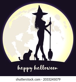 Beautiful young witch in hat standing with broomstick and black cat on fool moon background with lettering. Vector Happy Halloween greeting card. 