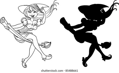 a beautiful young witch on a broomstick in the air - a loop coloring and silhouette