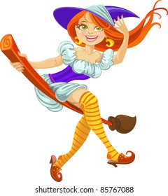 beautiful young witch on a broomstick in the air