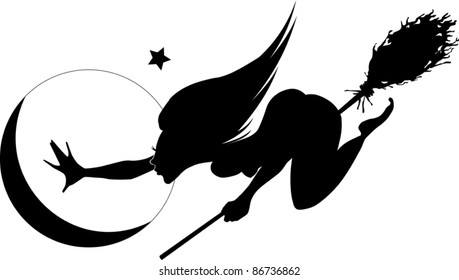 beautiful young witch on a broomstick in the air;