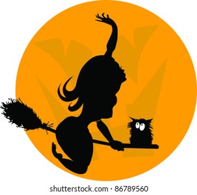 beautiful young witch on a broomstick in the air;