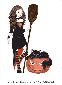the beautiful young witch with red hair and a broom