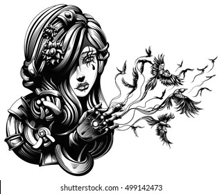 beautiful young witch from which hands fly crows