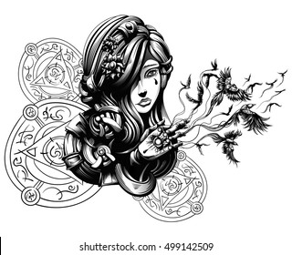 beautiful young witch from which hands fly crows, characters does not mean anything, it's just squiggles