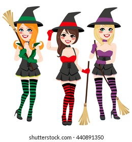 Beautiful young witches set collection holding broom