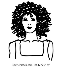 Linda jovem mulher com cabelo afro-americano. Retrato feminino. Garota bonita usando top com decote quadrado. Desenhado à mão linear rabiscar esboço bruto. Silhueta em preto e branco.