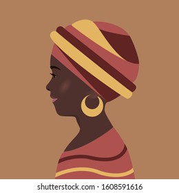 Beautiful young woman. African girl in traditional headdress. Smiles, scarf is wound on her head, an earring in her ear. Portrait, avatar, profile for social networks. Flat image