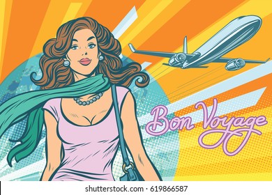 Beautiful young woman at the airport. Pop art retro vector illustration. Passenger traveler