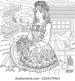 Beautiful young woman, American girl with flowers. Adult coloring book page with intricate ornament.
