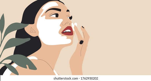 Beautiful young woman applying cosmetic product. Woman face and green plant. Skin care banner. Skincare routine, mask applying and cosmetics. Vector concept illustration. - Shutterstock ID 1762930202
