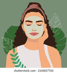 Beautiful young woman applying cosmetic products. Woman face and green plant. Skin care range. Skin care routine, application of masks and cosmetics. Vector concept illustration.