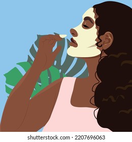 Beautiful young woman applying cosmetic products. Woman face and green plant. Skin care range. Skin care routine, application of masks and cosmetics. Vector concept illustration.