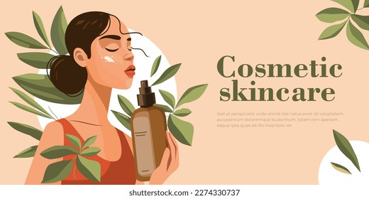 Beautiful young woman applying cosmetic serum cream, mask. Woman face skin care routine, Hygiene and Moisturizing Concept. Flat Vector Illustration banner social media. Natural eco beauty product