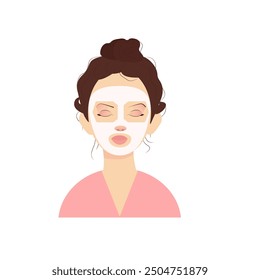 Beautiful young woman applying cosmetic products. Woman face. Skin care range. Skin care routine, application of masks and cosmetics. Vector concept illustration.
