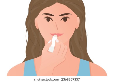 beautiful young woman applying moisturizing, natural lipstick - vector illustration