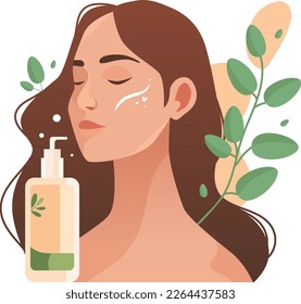 Beautiful young woman applying natural eco cosmetic product on face. Woman and green plant. Skin care banner. Skincare routine, mask and cosmetics. Vector illustration. Cleansing and moisturizing.