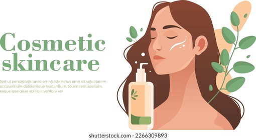 Beautiful young woman applying natural eco cosmetic product on face. Woman and green plant. Skin care banner. Skincare routine, mask and cosmetics. Vector illustration. Cleansing and moisturizing.