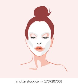 Beautiful young woman is applying a white clay mask on a face. Flat hand drawn female portrait. Healthcare and beauty treatment and spa relaxing concept.