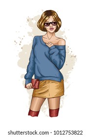 Beautiful young woman with a bag and sunglasses. Fashion girl in stylish clothes. Urban casual style. Fashion look. Hand drawn sketch. Vector illustration of fashion.