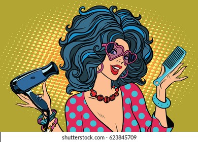 Beautiful young woman with Barber tools. Pop art retro vector illustration. profession stylist