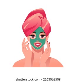 Beautiful young Woman with beauty face mask. Self care at home. Female cartoon character. Vector face illustration.