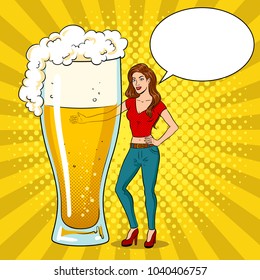 Beautiful young woman with beer glass pop art retro vector illustration. Text bubble. Comic book style imitation.