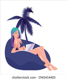 beautiful young woman in a bikini works at a laptop, sitting in blue bag chair. Freelance concept, work from tropical paradise, videoconference. Vector illustration isolated on white background.