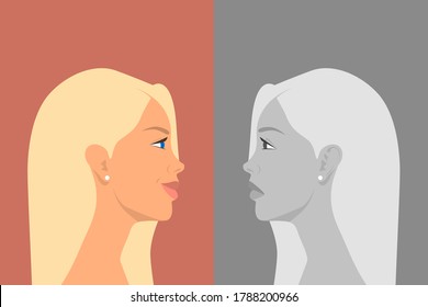 Beautiful Young Woman with Bipolar Disorder. Cheerful and Sad, Happy and Unhappy. Two-face Woman Showing Two Different Moods Euphoria and Depression. Vector Cartoon in Flat Style. Side View