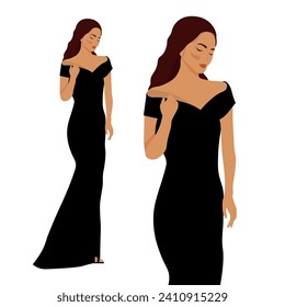 Hermosa joven mujer. Una mujer con un vestido negro. Vector aislado sobre fondo blanco. Ropa moderna y de diseño. Tacones altos negros, hermoso vestido