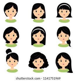 Beautiful young woman with black hair. Different hairstyle and haircuts for salon vector icon set, isolated on white background. Flat style.