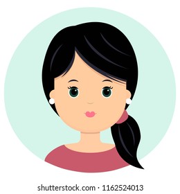 Beautiful young woman with black hair in a bun. Portrait of modern fashion, hairstyle salon, vector icon, isolated on white background. Flat style.