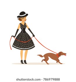 Beautiful young woman in a black polka dot dress and hat walking with her dog, girl dressed in retro style vector Illustration