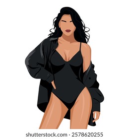 Beautiful young woman in a black swimsuit and a shirt with a bare shoulder. Vector, minimalistic fashion illustration. Faceless.
