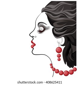 beautiful young woman black and white image, profile of calm lovely girl with earrings and necklace, attractive lady with fluttered hair and red lips