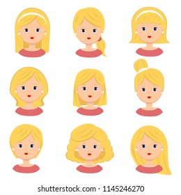 Beautiful young woman with blond hair. Different hairstyle and haircuts for salon vector icon set, isolated on white background. Flat style.