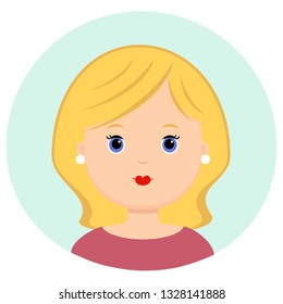 Beautiful young woman with blond hair up to her shoulders. Portrait of modern fashion, hairstyle salon, vector icon, isolated on white background. Flat style.