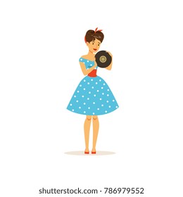Beautiful young woman in a blue polka dot dress holding vinyl record, girl dressed in retro style vector Illustration