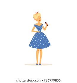 Beautiful young woman in a blue polka dot dress holding glass bottle of soda, girl dressed in retro style vector Illustration