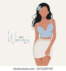 Beautiful young woman in a blue top and white skirt, with a flower on her head. Card for Women's Day in soft natural shades. Vector, flat illustration. Faceless.
