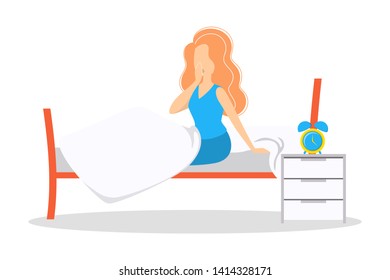 Beautiful young woman in blue underwear in the bed after a sleep. Pretty girl relaxing on the bed in her bedroom. Isolated vector illustration in cartoon style