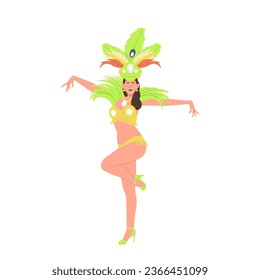 Beautiful young woman in brazilian masquerade costume with bright plumage dancing isolated on white