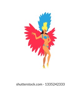 Beautiful Young Woman in Bright Festival Costume Dancing Samba, Brazilian Carnival Dancer, Rio de Janeiro Festival Vector Illustration