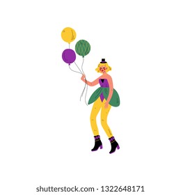 Beautiful Young Woman in Bright Traditional Mardi Gras Costume Celebrating Carnival Party with Balloons Vector Illustration