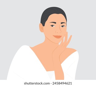 Beautiful young woman with bright, youthful, charming facial skin. Vector illustration.