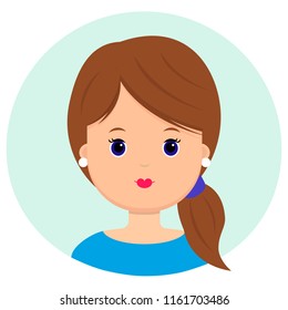 Beautiful young woman with brown hair in a bun. Portrait of modern fashion, hairstyle salon, vector icon, isolated on white background. Flat style.